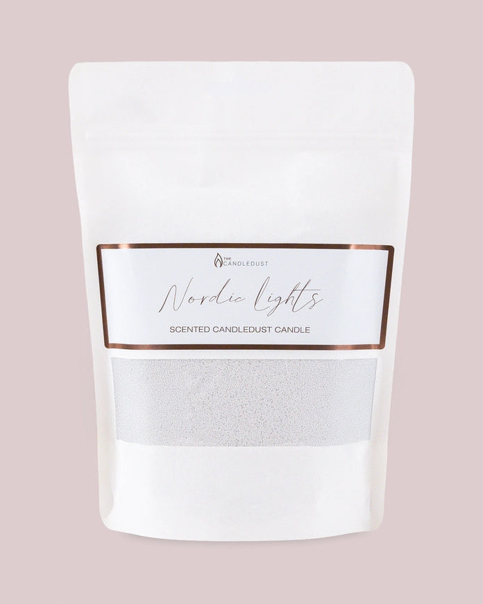 White scented candle sand kit from The Candledust Nordic Light collection, perfect for home fragrance and decorative candles.