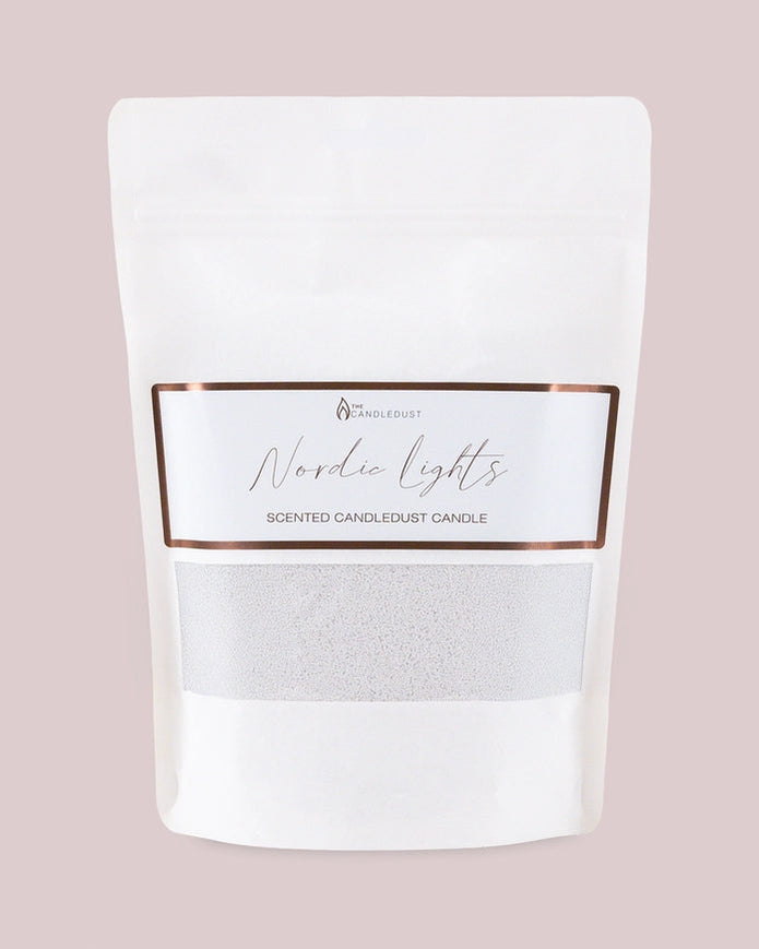 White scented candle sand kit from The Candledust Nordic Light collection, perfect for home fragrance and decorative candles.