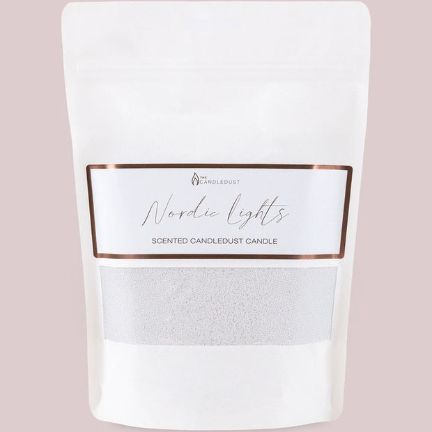 White scented candle sand kit from The Candledust Nordic Light collection, perfect for home fragrance and decorative candles.