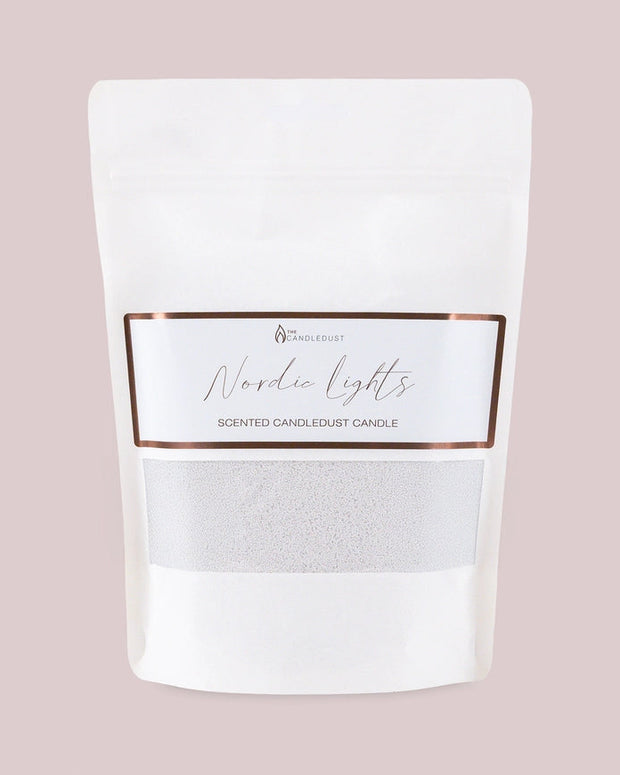 White scented candle sand kit from The Candledust Nordic Light collection, perfect for home fragrance and decorative candles.