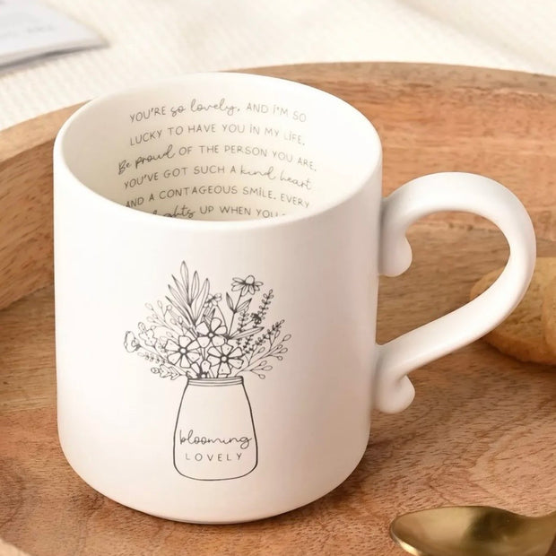 Beige Moments Mug -  Friends - Neutral Ceramic Coffee Cup, cream floral mug showing writing inside the rim
