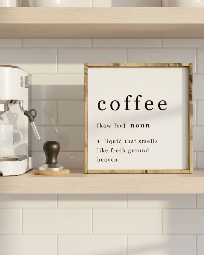 Large white framed coffee sign for home decor by Williamraedesigns, featuring stylish lettering and modern design.