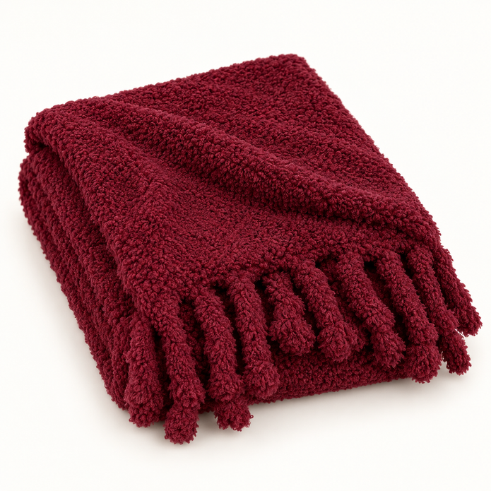 Burgundy Sherpa Tasselled Blanket Throw