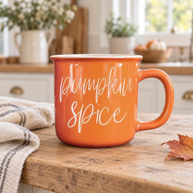 Orange Ceramic Pumpkin Spice Coffee Mug, orange Pumpkin Spice mug on a kitchen counter