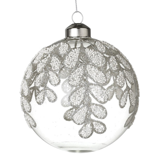 White Beaded Leaf Large Glass Bauble