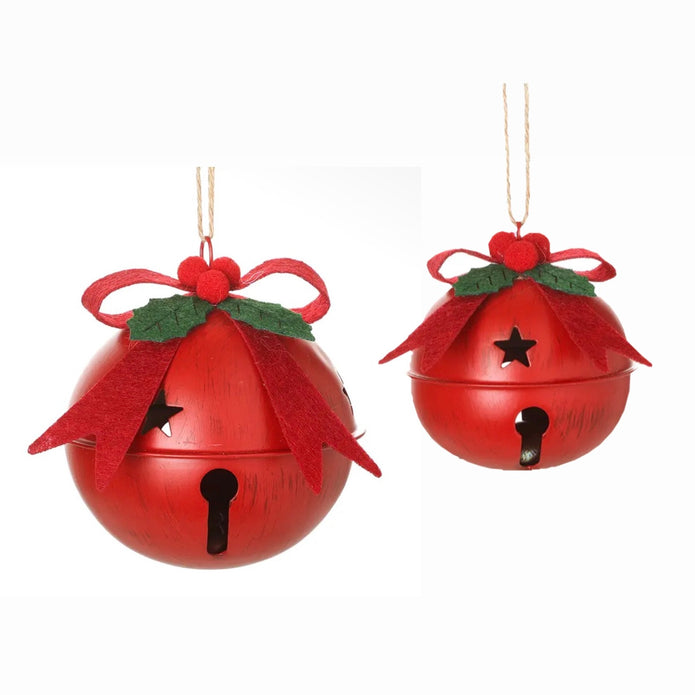 Small and medium red metal Christmas bells with bows, felt holly and twine hanging loops