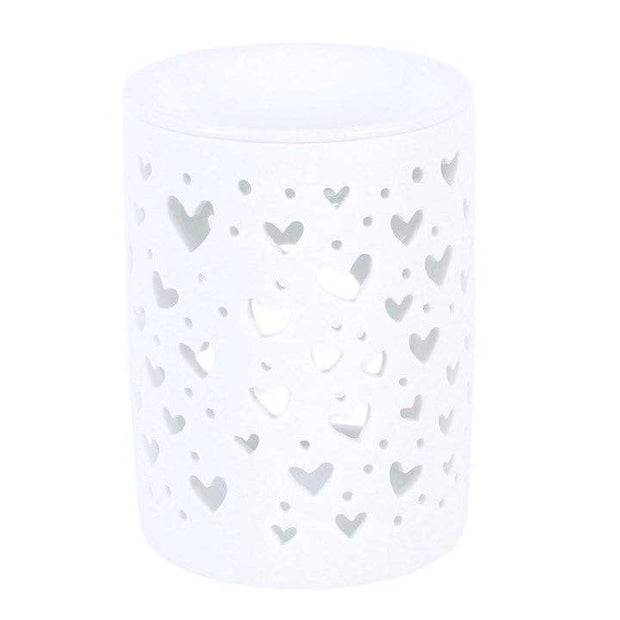 White Heart Cut Out Oil Burner and Wax Warmer, white cylindrical burner covered with heart cutouts