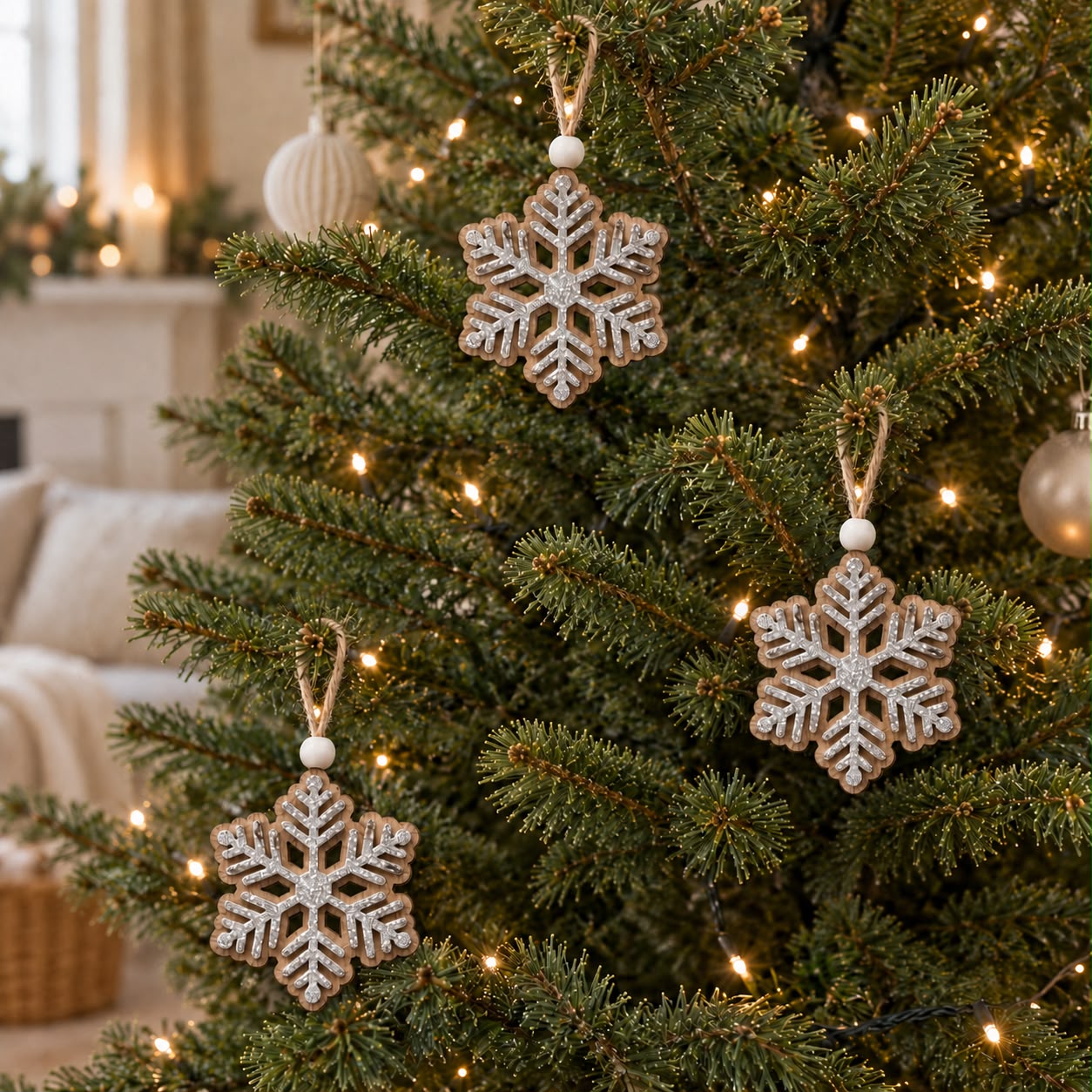 Wooden Snowflake Hanging Decorations - Set of Six