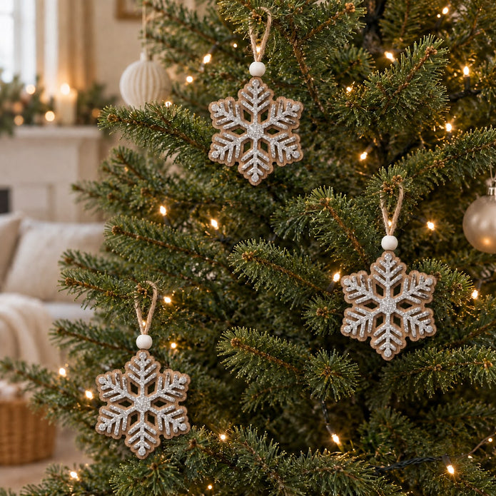 Wooden Snowflake Hanging Decorations - Set of Six