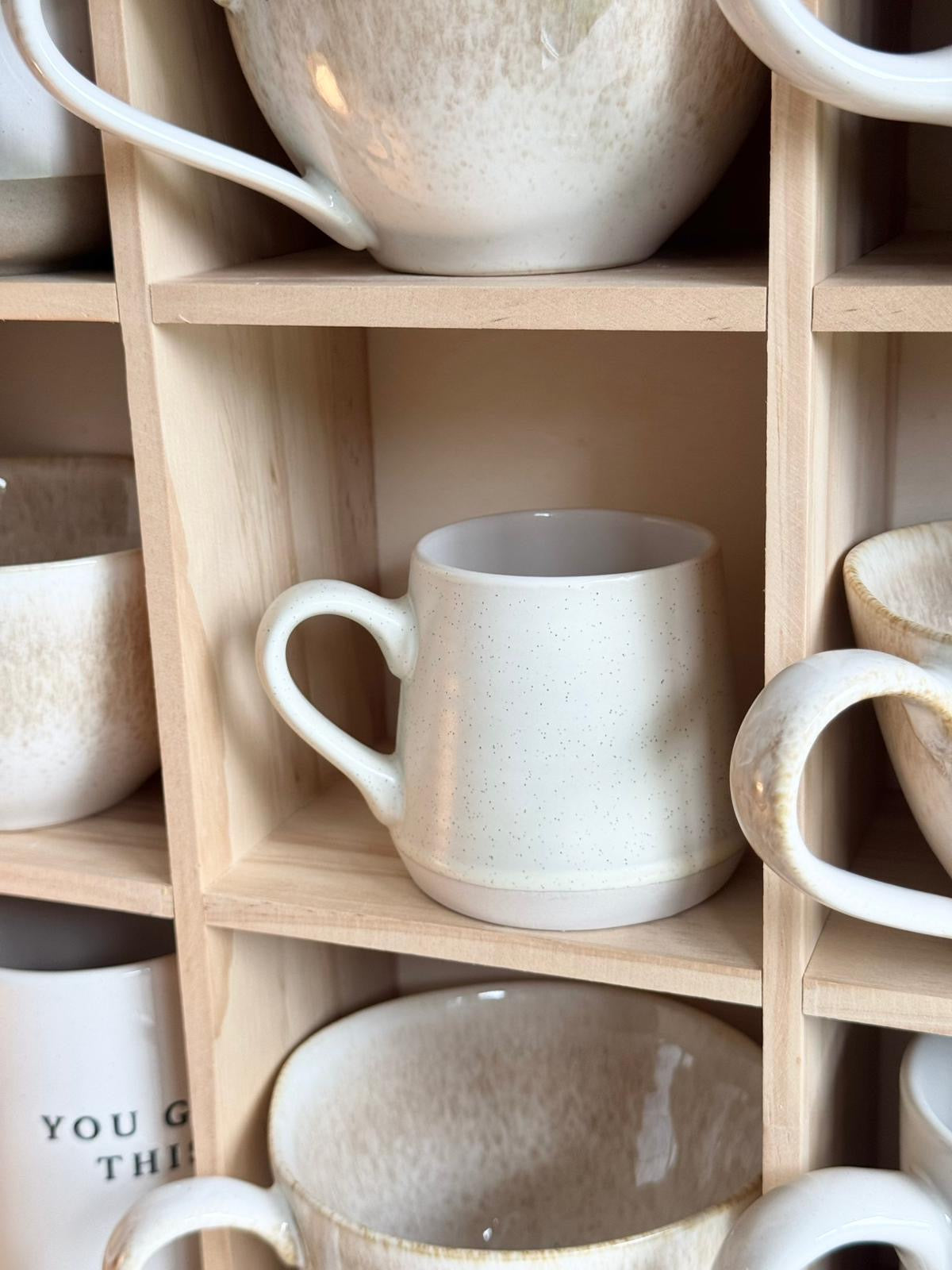Wooden mug display shelf unit from Starlight Express for kitchen and dining, showcasing a rustic wooden storage solution.