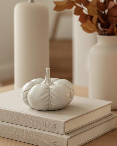 White Glazed Flat Ceramic Pumpkin