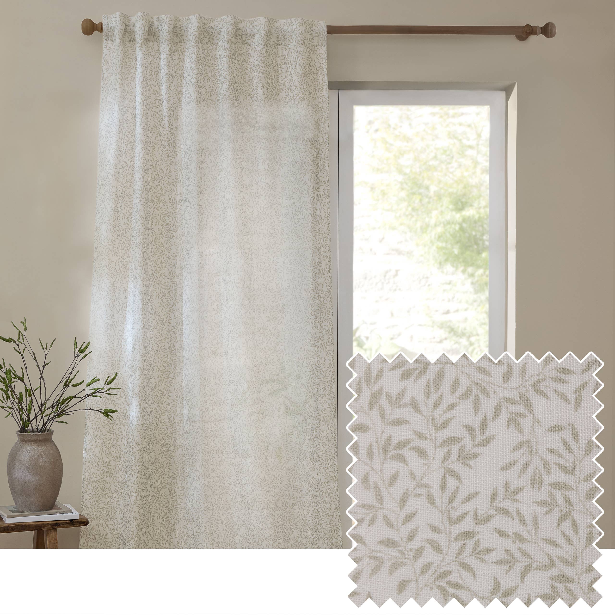Yard Leaf Patterned Natural Woven Sheer Voile Curtain Panel