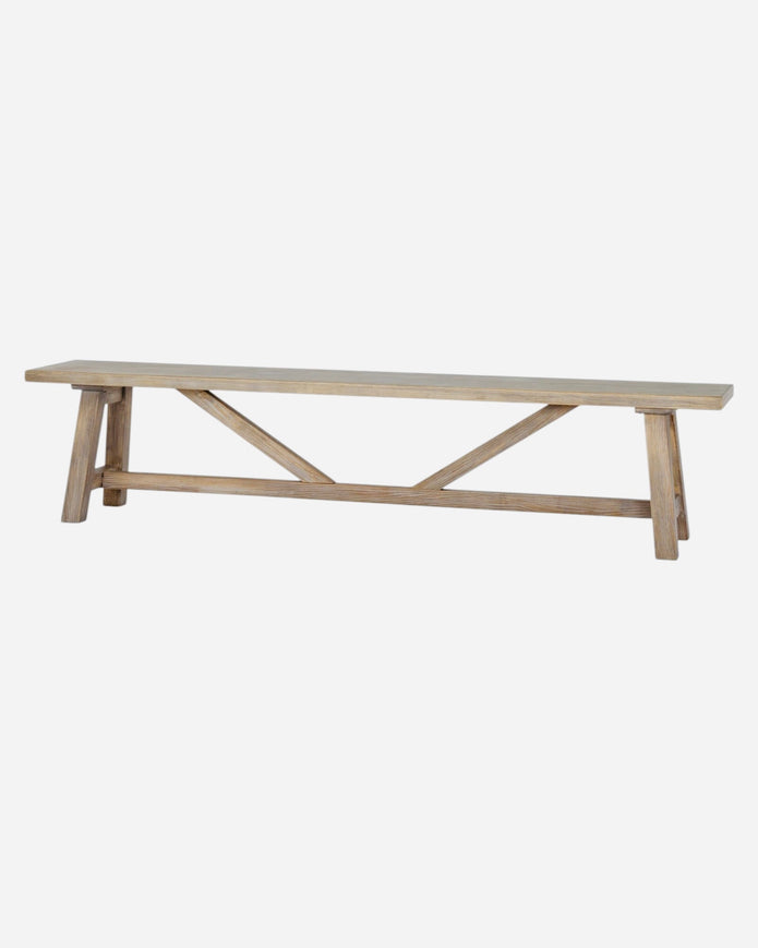 Large dining bench from the Hill Interiors Haldon Collection, showcasing a sturdy wooden seat with classic design.