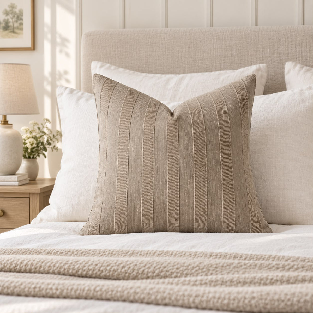 Beige Textured Stripe Velveteen Cushion Cover