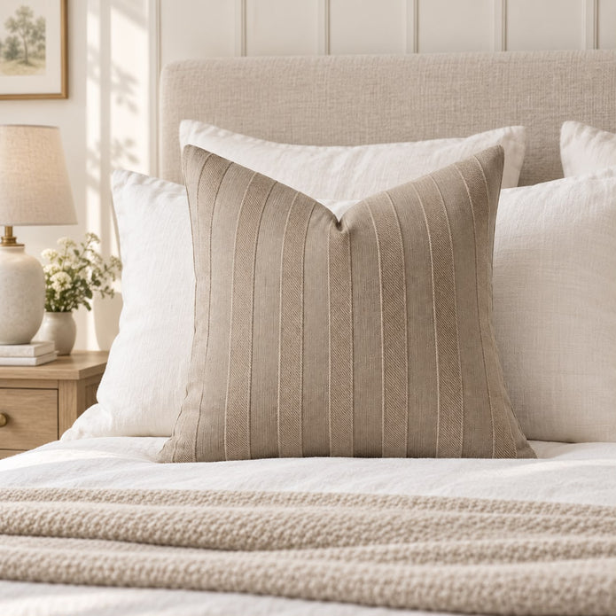 Beige Textured Stripe Velveteen Cushion Cover