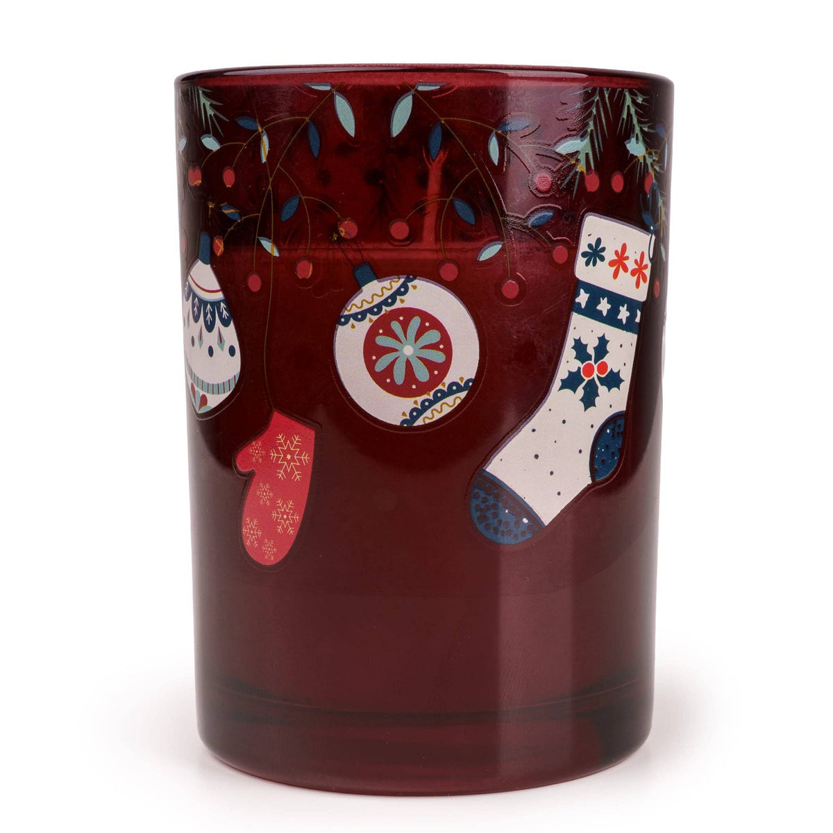 Christmas burgundy candle with stockings and baubles, festive holiday decor by Candlelight Products Ltd.