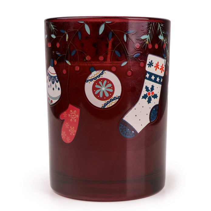Christmas burgundy candle with stockings and baubles, festive holiday decor by Candlelight Products Ltd.
