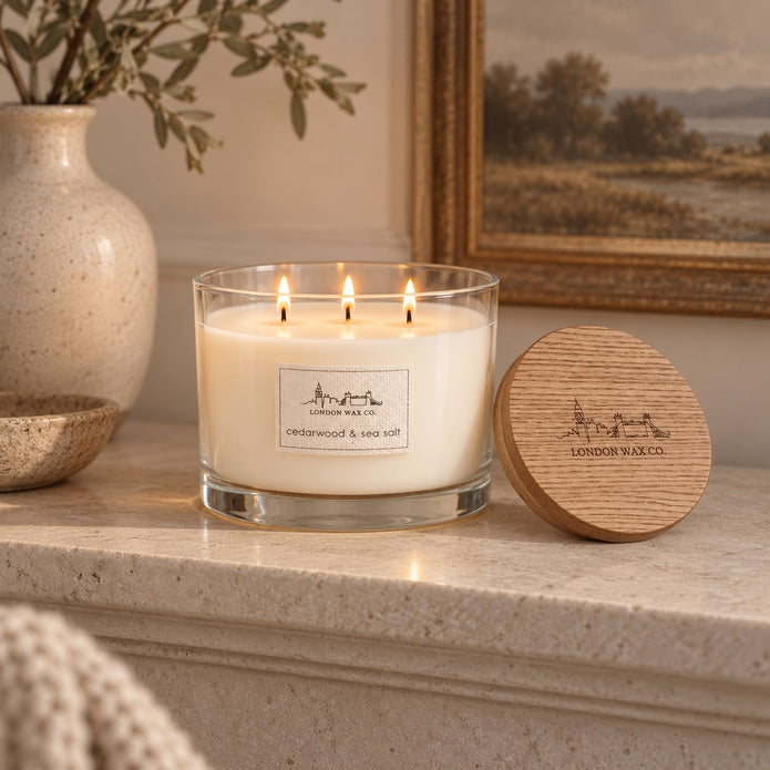 London Wax Company Triple Wick Lidded Candle - Cedarwood and Sea Salt, lit three-wick candle on a mantel beside framed artwork