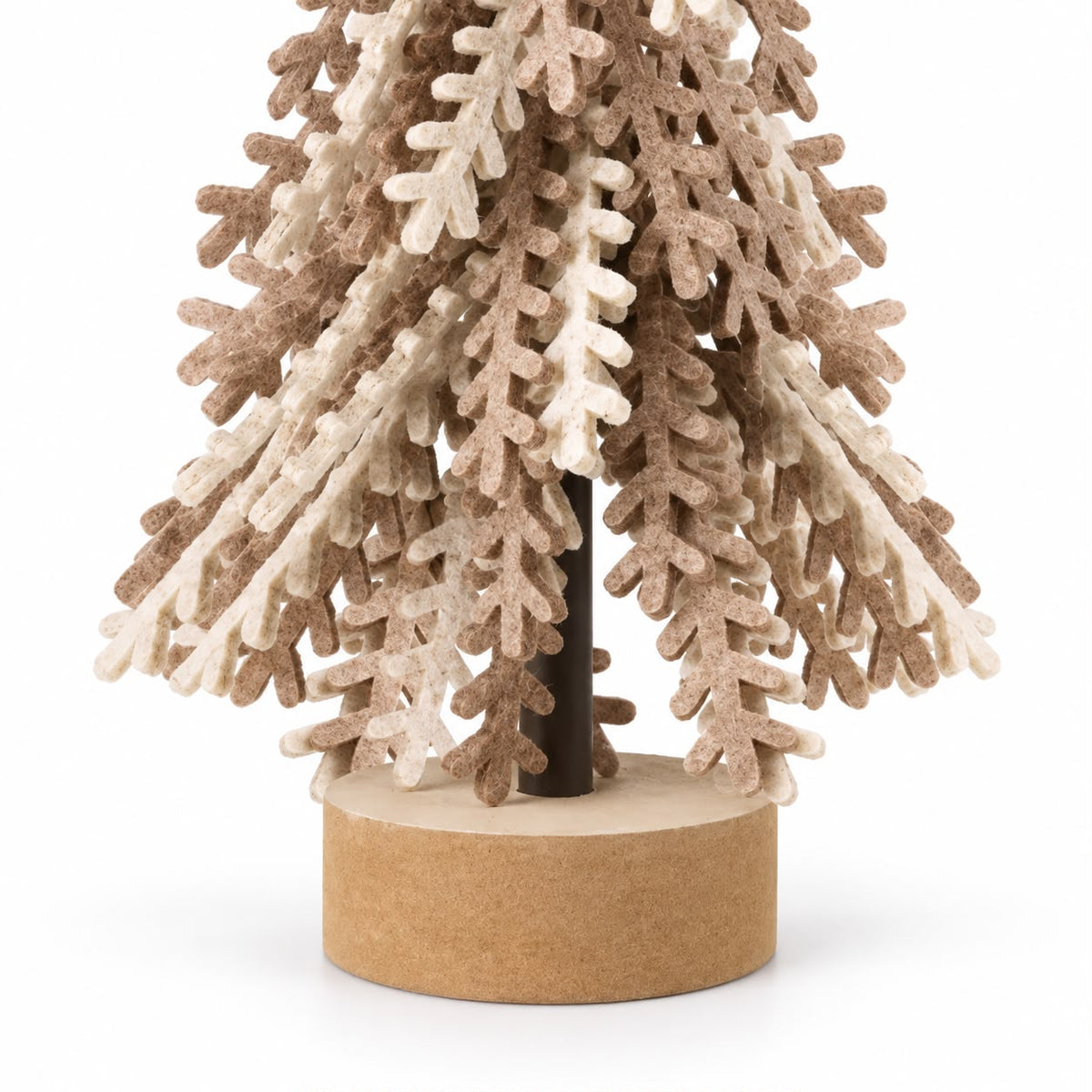 Twisted Brown Leaves Tree With Gold Star, close-up of the layered branches and round wooden base