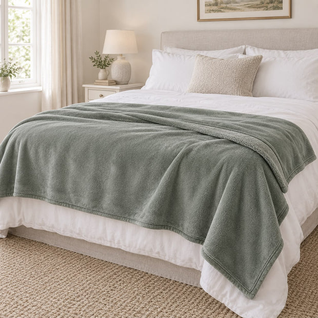 Sage Green Luxury Snuggle Blanket Throw, sage green throw spread across a bed