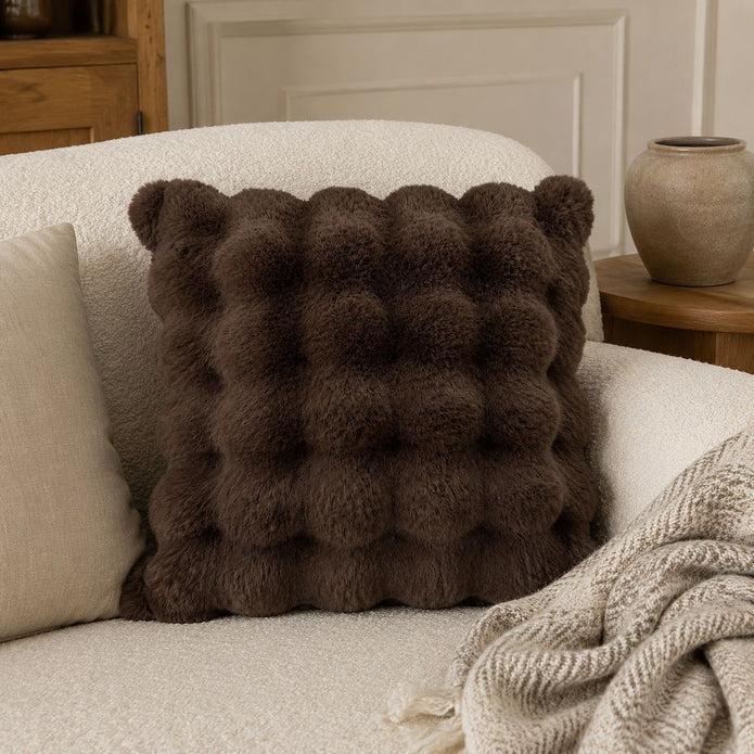 Chocolate Brown Luxury Faux Fur Cushion, brown faux fur cushion on a cream armchair