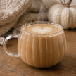 Glass Pumpkin Mug, clear ribbed pumpkin mug filled with a creamy coffee