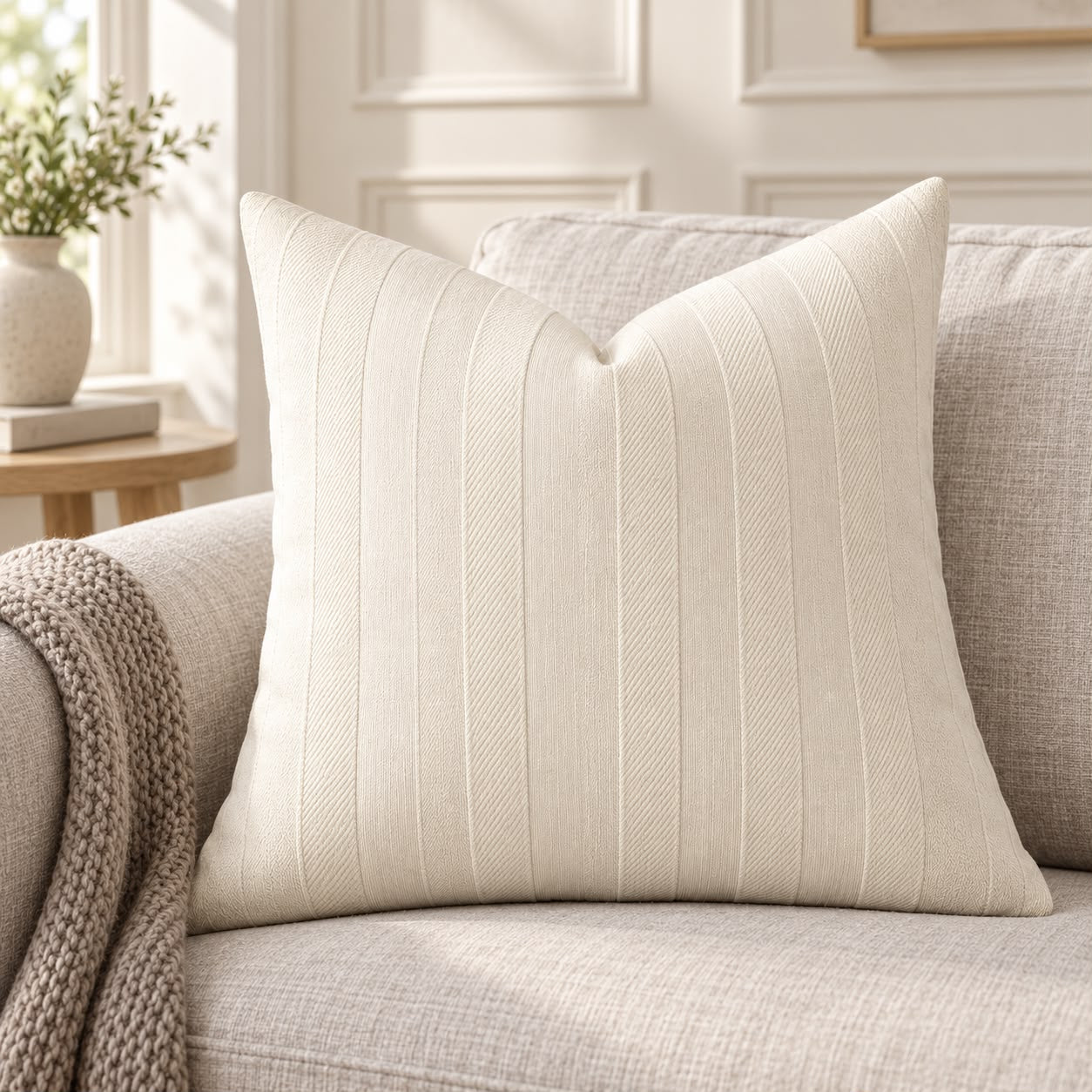 Ivory Cream Textured Stripe Velveteen Cushion Cover