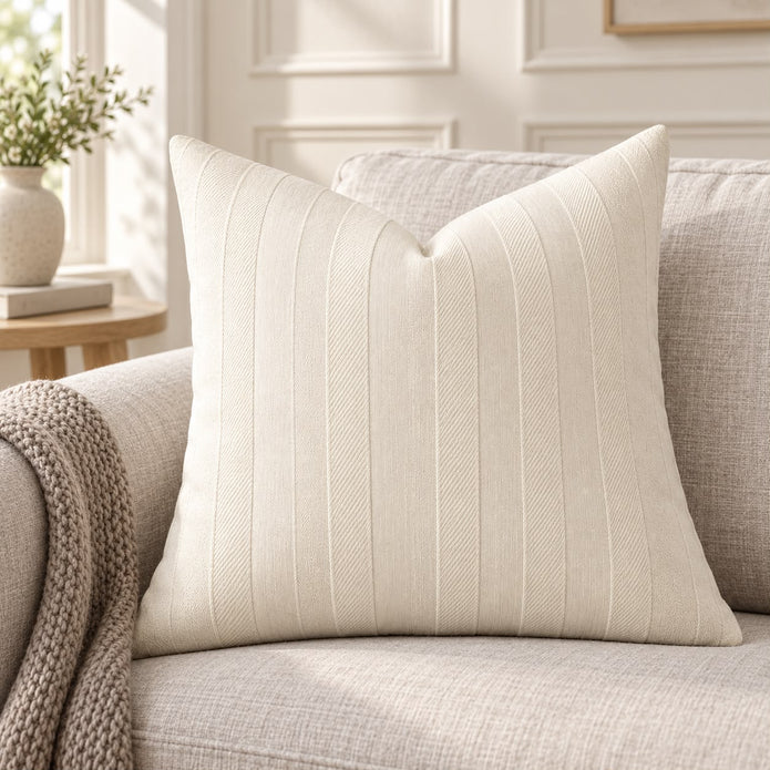 Ivory Cream Textured Stripe Velveteen Cushion Cover