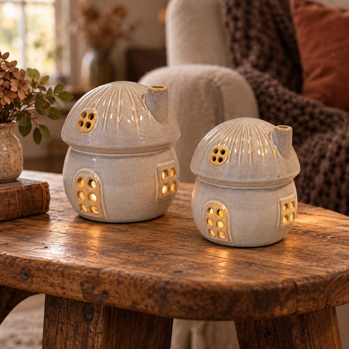 Large ceramic toadstool light-up house for Christmas by Satchville, featuring a whimsical mushroom design with illuminated details.