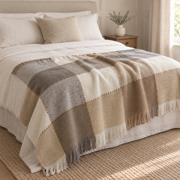 Cream Blanket Stitch Check Blanket Throw