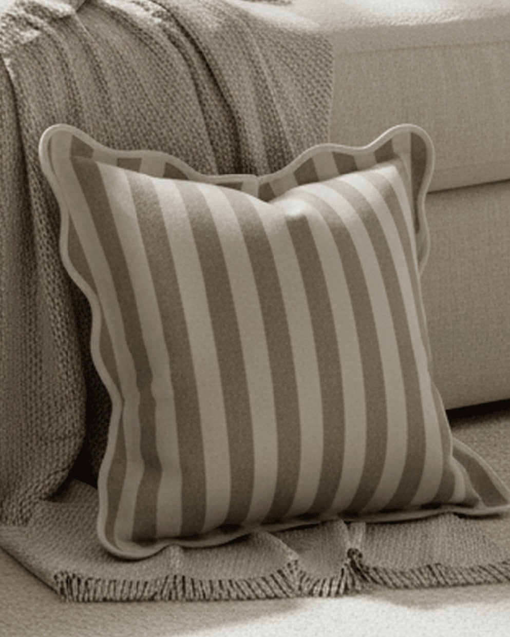 Beige square scalloped cushion cover with stripe pattern from Ellenvale Trade, soft furnishings accessory.