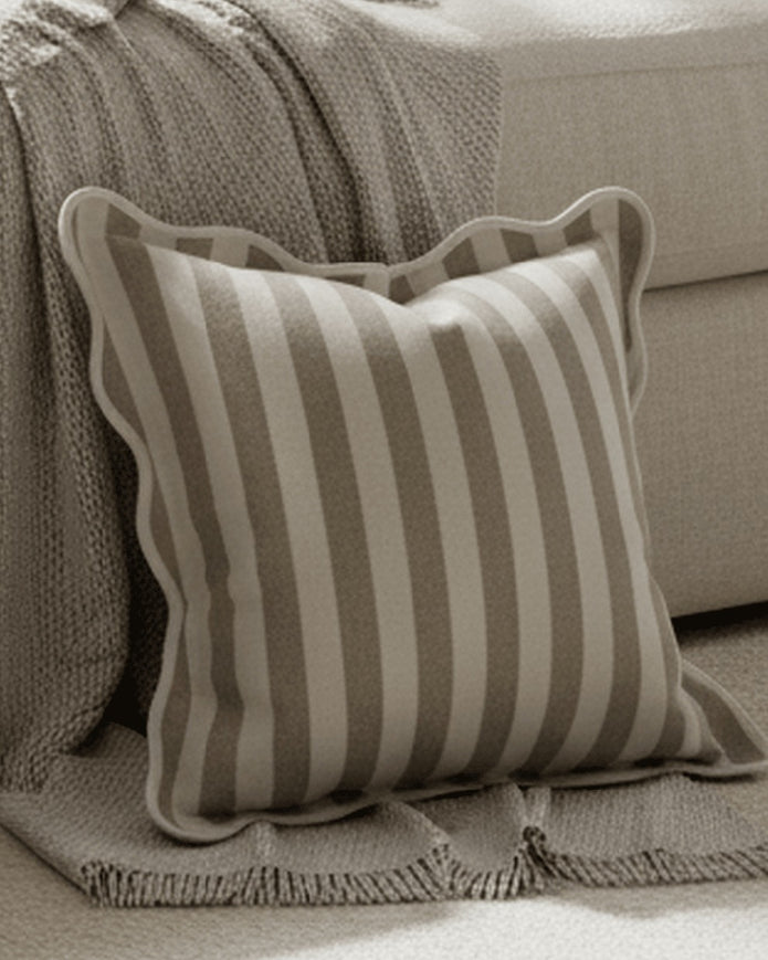Beige square scalloped cushion cover with stripe pattern from Ellenvale Trade, soft furnishings accessory.