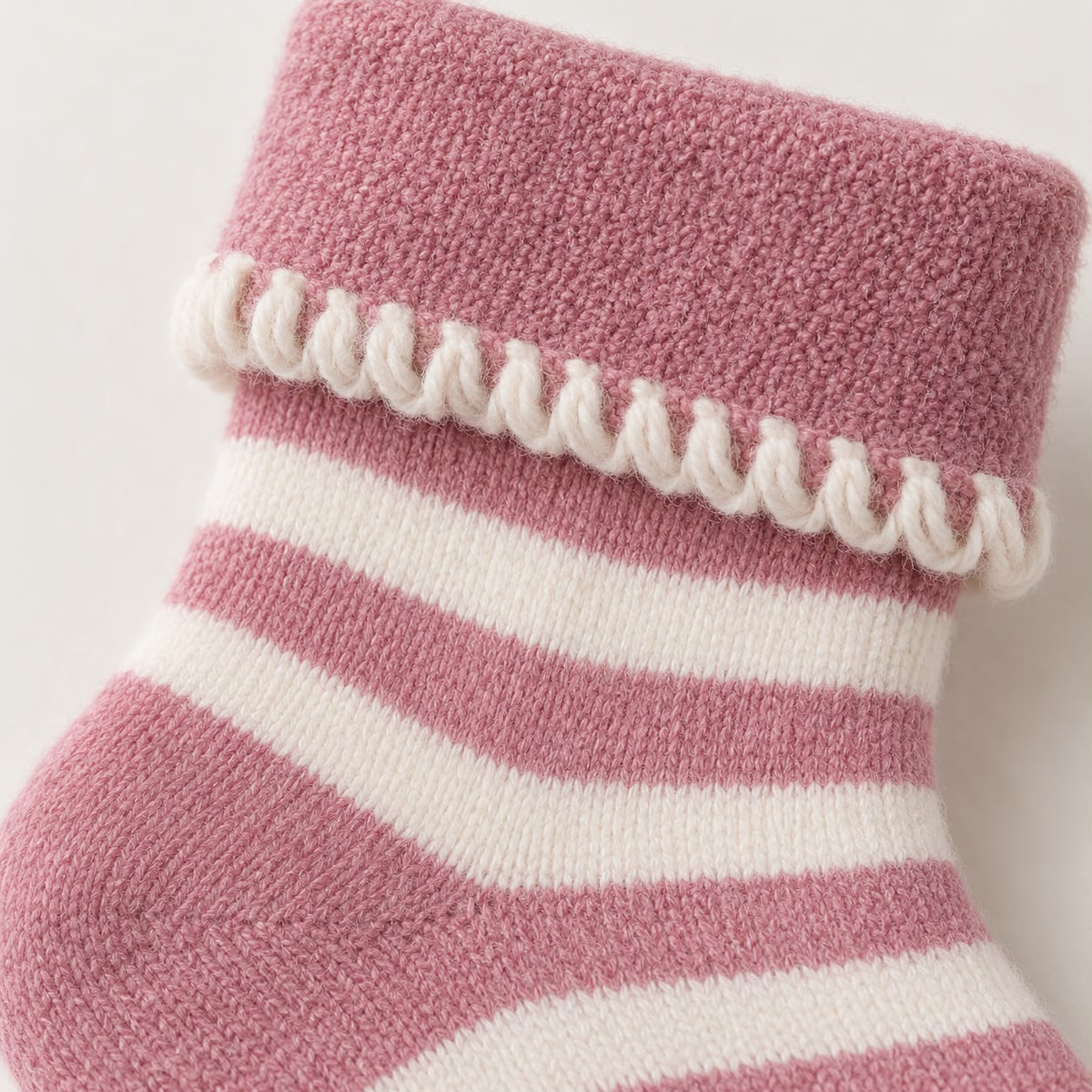Super Cosy Fluffy Cuff Socks - Pink Stripe, close-up of the pink cuff and cream decorative stitching
