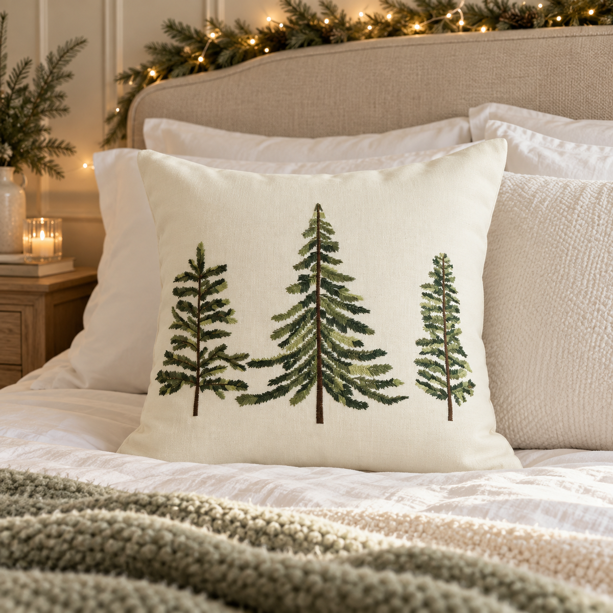 Cream And Green Embroidered Christmas Tree Cushion Cover