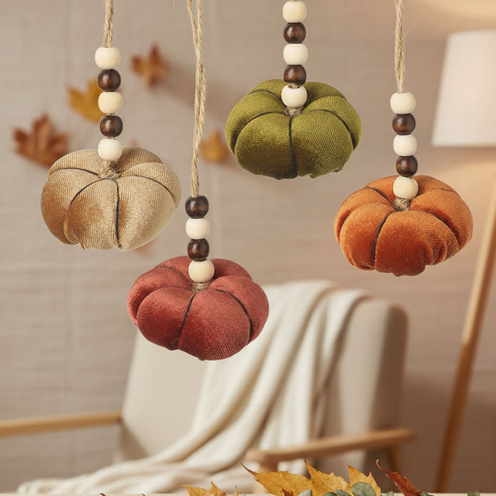 Velvet Pumpkins With Beads Hangers