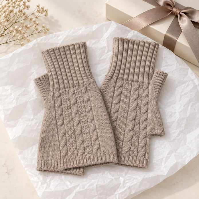 Beige Cosy Cable Knit Fingerless Gloves