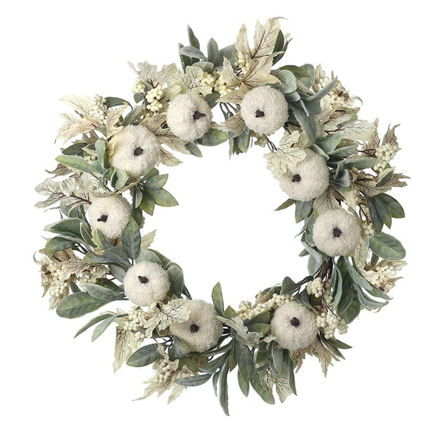 White Pumpkin Wreath, white pumpkin wreath with pale green foliage against white