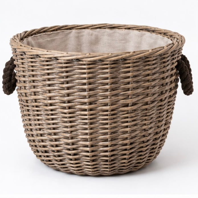 Round Log Basket with Rope Handles