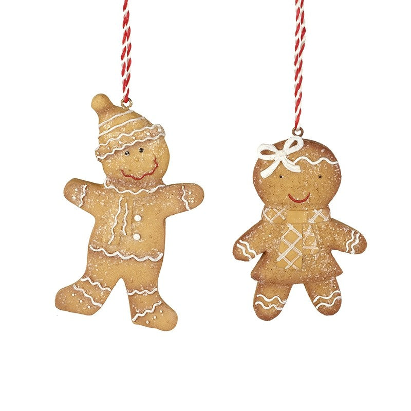 Hanging Gingerbread People, two gingerbread people on striped cords against white
