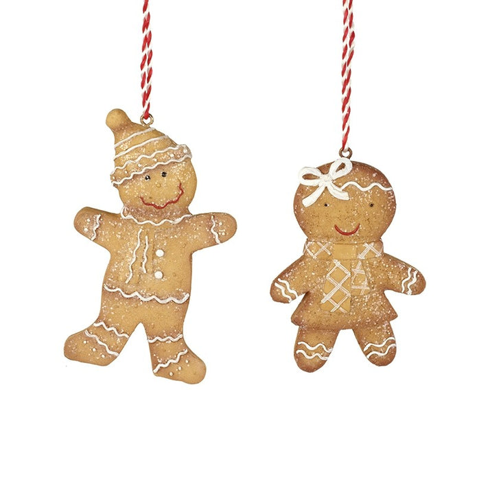 Hanging Gingerbread People, two gingerbread people on striped cords against white