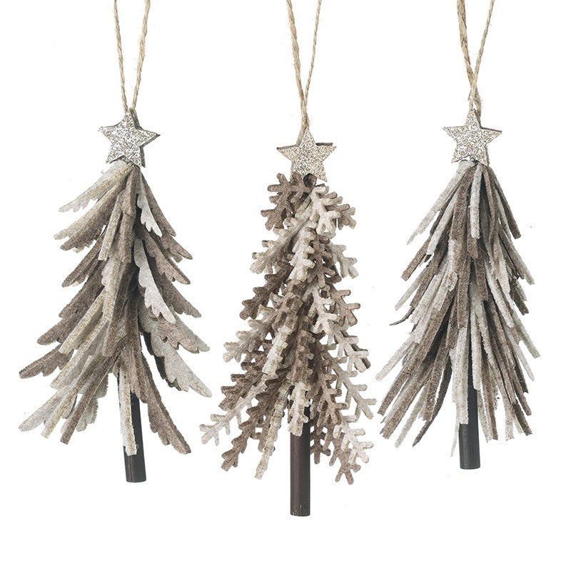 Neutral And Brown Felt Hanging Tree, three layered felt tree decorations against white