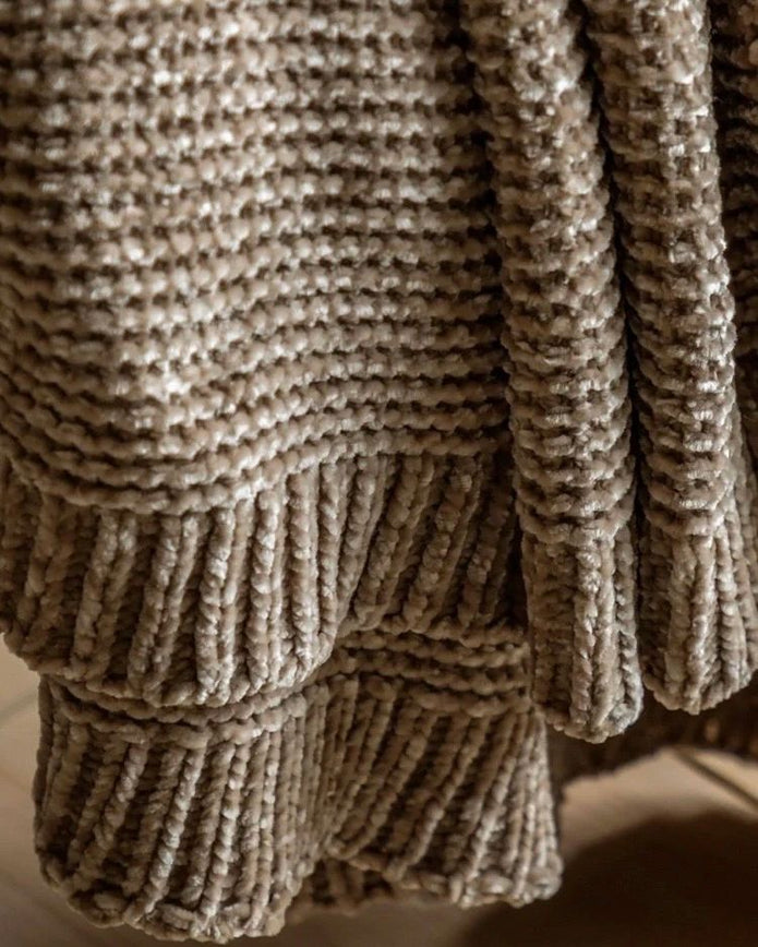Beige neutral Luxe chunky chenille throw blanket from Gallery Direct, soft and cozy for living room or bedroom decor.