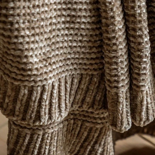 Beige neutral Luxe chunky chenille throw blanket from Gallery Direct, soft and cozy for living room or bedroom decor.