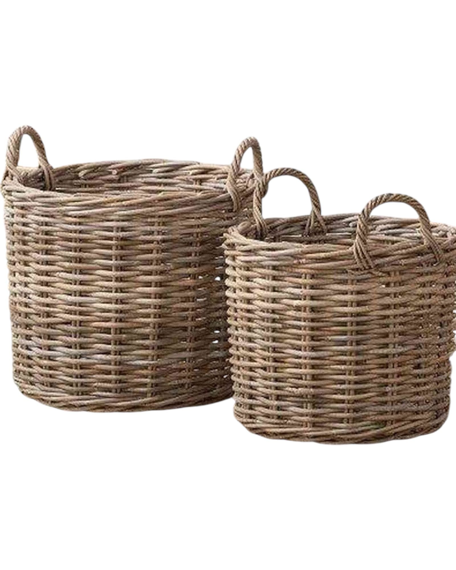 Rattan Kubu luxury round storage basket by Pacific Lifestyle Ltd, natural woven home decor basket with sturdy handle details.