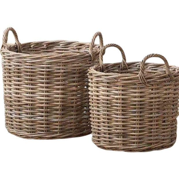 Rattan Kubu luxury round storage basket by Pacific Lifestyle Ltd, natural woven home decor basket with sturdy handle details.