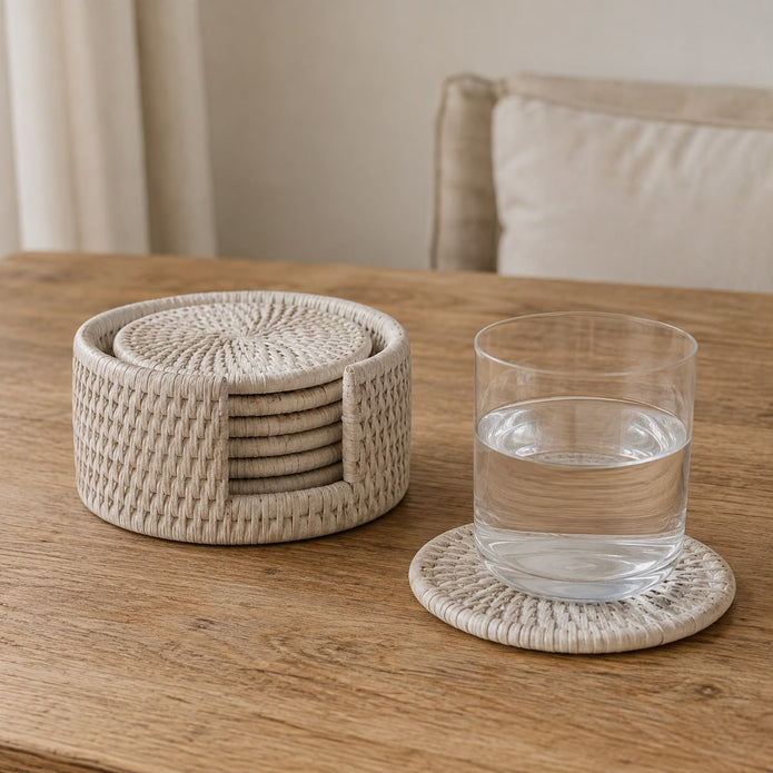 Rattan Round Coaster Set & Holder