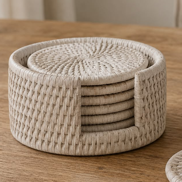 Rattan Round Coaster Set & Holder