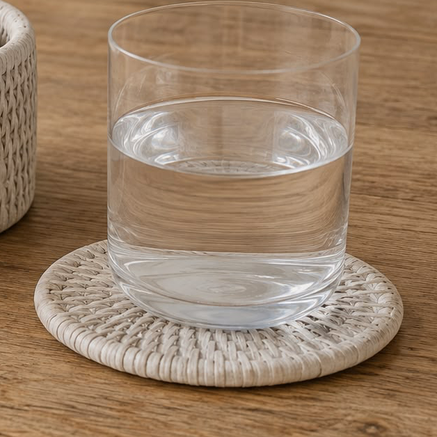 Rattan Round Coaster Set & Holder