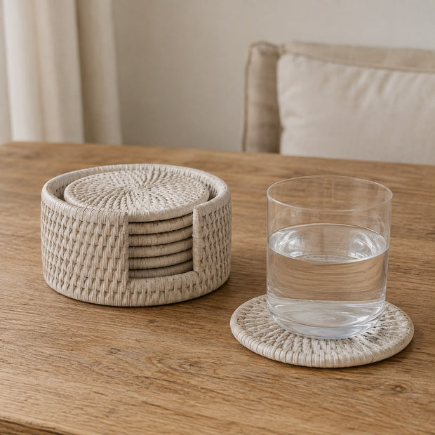 Rattan Round Coaster Set & Holder