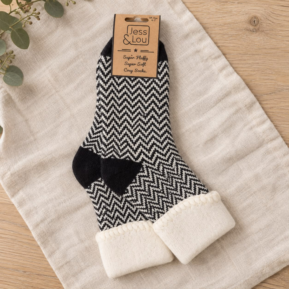 Black Cuff Herringbone Cosy Socks